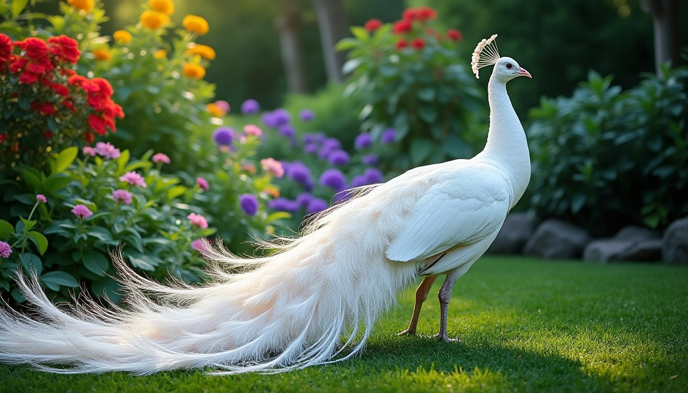découvrez le paon blanc, symbole de beauté et d'élégance, avec ses plumes immaculées et son allure majestueuse.